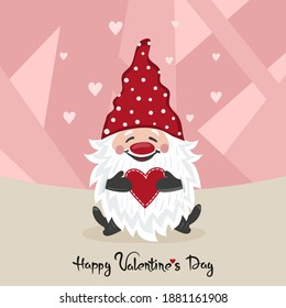 Valentines day card with cute gnome and red heart. Vector romantic illustration.