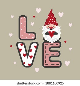 Valentines day card with cute gnome and red heart. Vector love illustration.