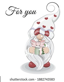 Valentines Day card cute gnome with gift, picture in hand drawing cartoon style for greeting. postcard