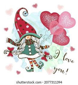 Valentine's Day card with a cute gnome girl with balloons. Vector.