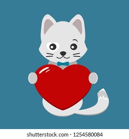 Valentines day card with cute, gray cat and red heart on blue background. Vector illustration for greeting card or poster.