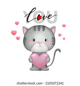 Valentines Day card with cute grey cat holding pink shaped heart pillow.