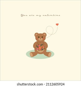 Valentines Day card, cute and happy teddy bear holding bouquet of colorful flowers, vector postcard