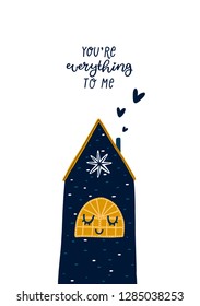 Valentines Day Card with cute house and lettering You're everything to me Printable art