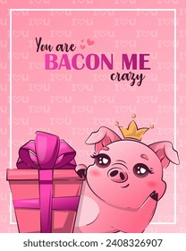 Valentinstag-Karte mit süßem kawaii-Schwein. Die Inschrift, wenn Sie sind Bacon mir verrückt. Vektorgrafik für Banner, Poster, Karte, Postkarte.