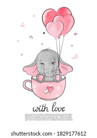 Valentines Day card with cute little elephant and hearts.