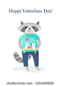 Valentines Day card with cute male raccoon with breakfast in bed. Vector flat cartoon illustration