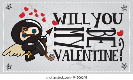 Valentine's day card with cute ninja character firing an arrow like a cupid, vector