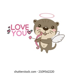 Valentines day card. Cute otter cupid  with heart bow and arrow.