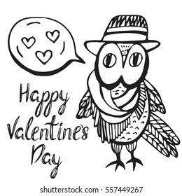 Valentine's day card with cute owl in doodle style. Hand drawn vector illustration, romantic background. Design for prints and T-shirts.