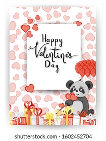 Valentine's Day card with cute panda. Cartoon style. Vector illustration
