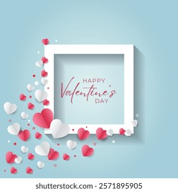 Valentines Day card with cute paper cut hearts and frame. Stock Vector platform - stock illustration