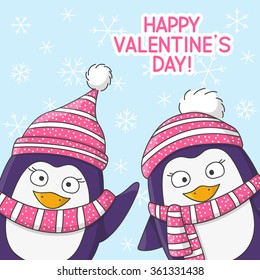 Valentines day card with cute penguins
