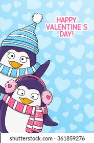 Valentines day card with cute penguins