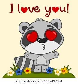 Valentine's day card - cute raccoon with hearts in his eyes spread his hands for a kiss and text I love you