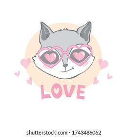 Valentine's day card - cute raccoon with hearts in his eyes spread his hands for a kiss and text I love you