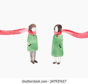 Valentine's day card. Cute romantic couple on white background with place for your text. Watercolor illustration of a young couple in love. This illustration can be used as a greeting card or poster.