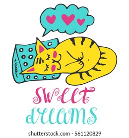 Valentine's day card with cute sleeping cat and hearts. Sweet dreams. Hand drawn vector illustration, romantic background. Design for prints, T-shirts.