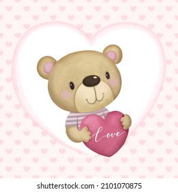 Valentines Day card with cute teddy bear hugging pink heart shaped pillow on heart pattern.
