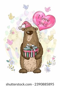A Valentine's Day card. Cute teddy bear with a balloon in the form of a watercolor heart.  Watercolor background. Vector.