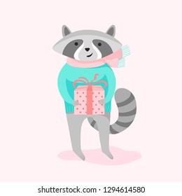Valentine's day card with cute vector raccoon and gift in his hands isolated on white background. Vector flat cartoon illustration