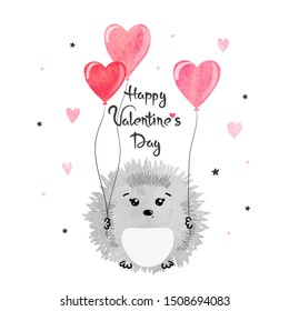 Valentines Day Card With Cute Watercolor Hedgehogs In Love With Heart Balloon.