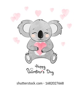 Valentines day card with cute watercolor koala bear in love with heart