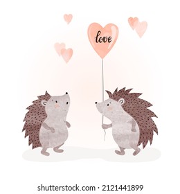 Valentines Day Card With Cute Watercolor Hedgehogs In Love With Heart Shaped Balloon. Vector Illustration