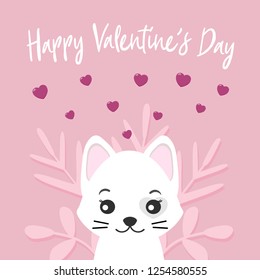 Valentine's day card with a cute, white cat and heart on an isolated pink background. Vector illustration for greeting card or poster. Text "Happy Valentine's Day".