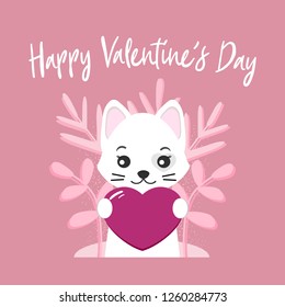 Valentine's day card with a cute, white cat and heart on an isolated pink background. Vector illustration for greeting card or poster. Text "Happy Valentine's Day".
