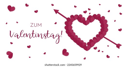 Valentinstag-Karte, dunkelviolette Papierherzen auf weißem Hintergrund. Alles liebe zum Valentinstag - Deutscher Text. Übersetzung: Fröhlicher Valentinstag