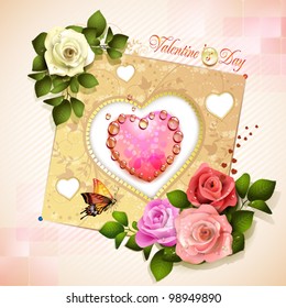 Valentine's day card. Decorated background with heart and roses