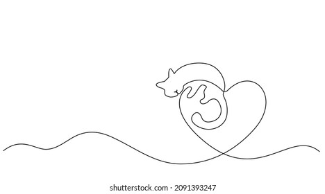 Valentines day card decoration. Cat on heart. Black and white vector minimalism illustration of love concept. Continuous one line drawing.