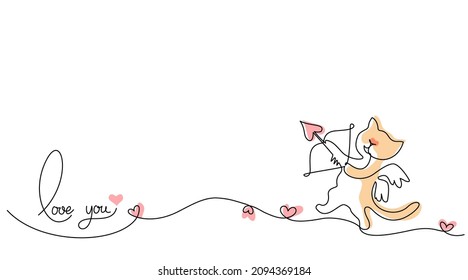 Valentines day card decoration. Fanny Cat with hearts. Vector minimalism illustration of love concept. Continuous one line drawing.