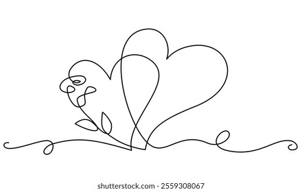 Valentines day card decoration. Heart with flower rose. Concept logo beauty. Continuous one line drawing. Monoline spring floral design element. Valentine love concept. Vector illustration