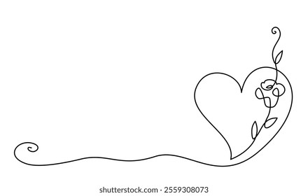 Valentines day card decoration. Heart with flower rose. Concept logo beauty. Continuous one line drawing. Monoline spring floral design element. Valentine love concept. Vector illustration