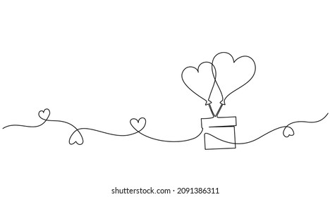 Valentines day card decoration. Hearts balloons with gift box. Black and white vector minimalism vector illustration of love concept. Continuous one line drawing.