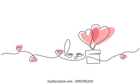 Valentines day card decoration. Hearts balloons with gift box. Black and white vector minimalism vector illustration of love concept. Continuous one line drawing.