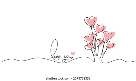 Valentines day card decoration. Hearts balloons. Vector minimalism vector illustration of love concept. Continuous one line drawing.