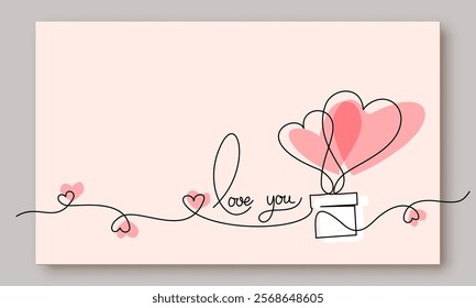 Valentines day card decoration. Hearts balloons with gift box. Vector illustration of love concept. Continuous one line drawing.