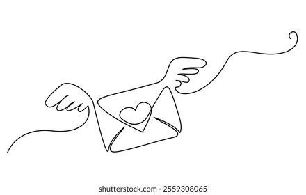 Valentines day card decoration. Love letter with wings and heart. Continuous one line drawing. Vector illustration design