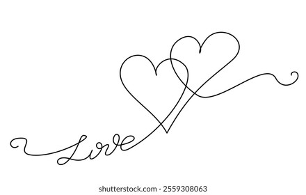 Valentines day card decoration. Two hearts and word love. Black and white vector. Love concept. Continuous one line drawing.