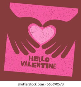 Valentine's Day card design with 2 hands making a heart with text, Hello Valentine.
