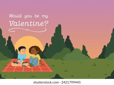 valentines day card design, after printing (on the correct size) you can just fold it and there you have it! two people having a romantic date in a park during sunset. 