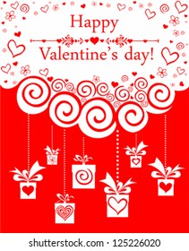 Valentine's day card design. Celebration background with gift boxes, heart and place for your text. Vector Illustration
