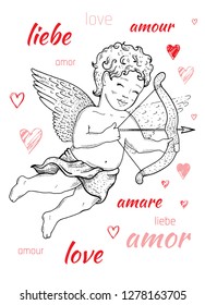 Valentine's day card design with cupid angel, word love on French, Spanish, German. Cute doodle hand drawn vector illustration, romantic poster, fashion t-shirt print. Isolated on white background