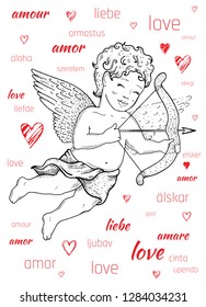 Valentine's day card design with cupid angel, word love on French, Spanish, German. Cute doodle hand drawn vector illustration, romantic poster, fashion t-shirt print. Isolated on white background