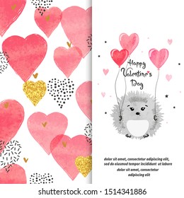 Valentines day card design with cute watercolor hedgehog in love with heart balloons.
