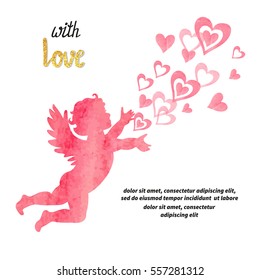 Valentines Day card design with cute watercolor Cupid and hearts. Vector romantic illustration.