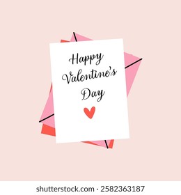 Valentine's Day card design. Envelope and paper with text and heart inside. Vector illustration in flat style, hand drawn doodle.	